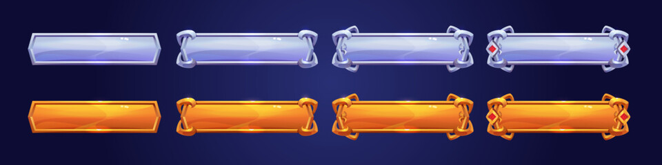 Set of silver and golden rank frames for game isolated on blue background. Cartoon vector illustration of yellow and grey plank bars decorated with cast iron ornament and red gemstone. Gui elements
