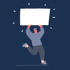 Vector cartoon illustration of man holding advertising banner, Blank board