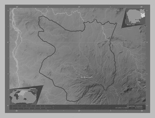 Mondol Kiri, Cambodia. Grayscale. Labelled points of cities