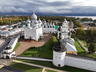 panoramic view from a drone on the historical part of the city of Rostov the Great on an autumn...