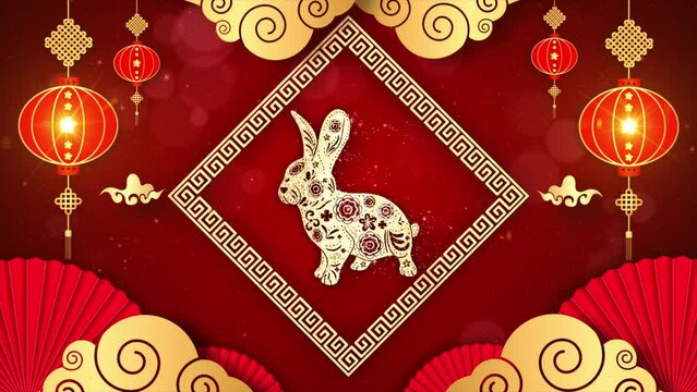 Chinese New Year Celebration Background, Chinese Zodiac Rabbit 2023, Golden and Red with Particle for Chinese Decorative Classic Festive Background for a Holiday.