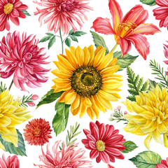 Seamless pattern. Sunflowers, dahlia, rose and lily. floral background. Watercolor botanical painting flowers. 