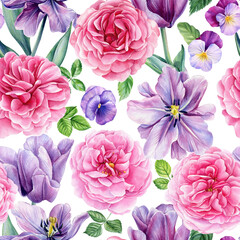 Pink roses and tulips flowers hand drawing. Floral background, watercolor botanical painting. Seamless pattern