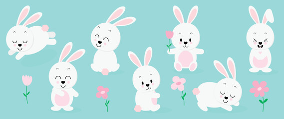Obraz premium Set of cute white rabbit element vector. Adorable bunny with different poses, smile, sleep, sit, flowers. Collection of animal and many characters hand drawn design for decorative, card, kids.