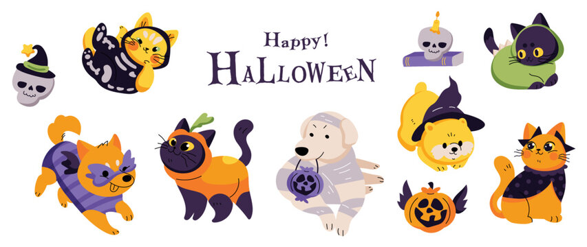 Happy Halloween day lovey pet vector. Cute collection of cats and dogs with halloween costumes, mummy, pumpkin, skeleton. Adorable animal characters in autumn festival for decoration, prints, cover.