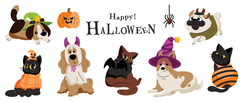 Happy Halloween day lovey pet vector. Cute collection of cats and dogs with halloween costumes, ghost, bat, witch, spider. Adorable animal characters in autumn festival for decoration, prints, cover.
