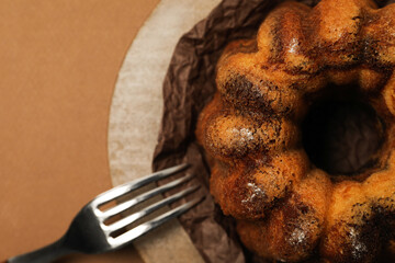 Concept of Autumn vibe food, Pumpkin cake, top view