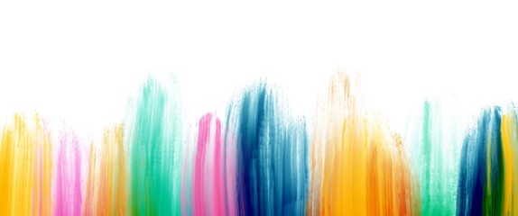Minimalistic oaint brush background with free copy space, white canvas, brushes design elements, trendy fluid art texture, hand drawn painting wallpaper, blue, yellow, green, magenta
