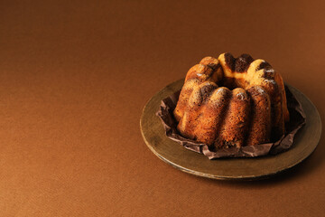 Concept of Autumn vibe food, Pumpkin cake, space for text