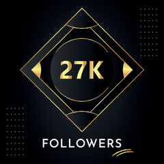 Thank you 27k or 27 thousand followers with gold decorative frames on black background. Premium design for congratulations, social media story, social sites post, achievement, social networks.