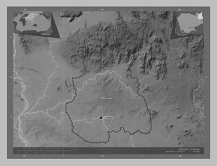 Rotanokiri, Cambodia. Grayscale. Labelled points of cities