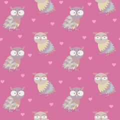 Girl birds seamless pattern. Funny baby pink background with charming wild owls and hearts. Vector illustration for baby shower, birthday, party design.