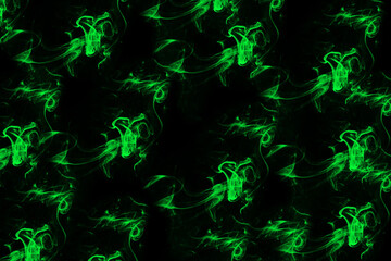 abstract mist tribal design. Fantasy smoke swirls in bright neon green on black color background, 