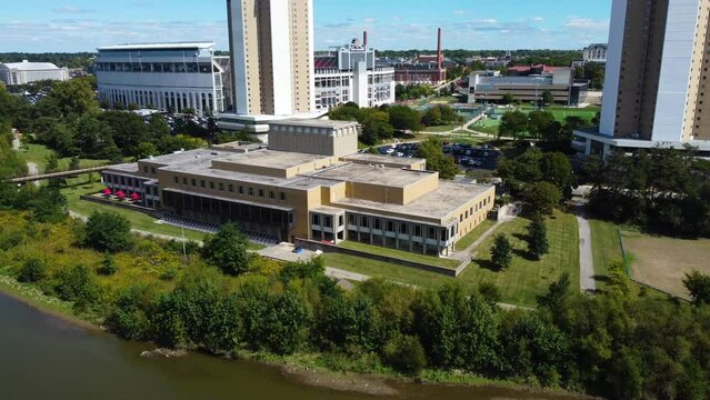 Drake Performance Center, Ohio State University, Department of Theater, Film and Media Arts, aerial drone on the campus along the Olentangy River
