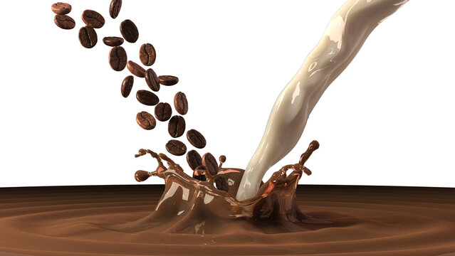 Coffee beans and milk falling into splash of coffee. 3D rendering.
