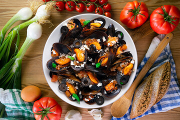 Steamed mussels with tomato sauce and feta cheese. Typical Greek recipe.