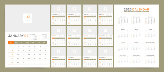 2023 calendar template with place for photo.  Week starts on Sunday. Brown formal business annual calendar planner for 2023 year.
