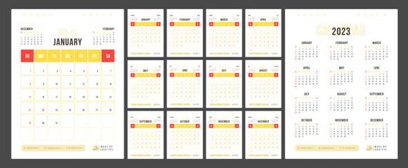 2023 calendar template. Red and yellow bright colors. Modern wall design.  Week starts on Sunday.  Corporate Trendy planner for American business. 