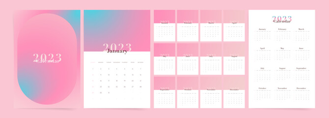 Rainbow gradient 2023 calendar template. Aesthetic elegant design. Week starts on Sunday.  Modern vector 2023 calendar.