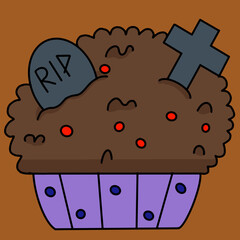 cupcake with tombstone and cross halloween illustration
