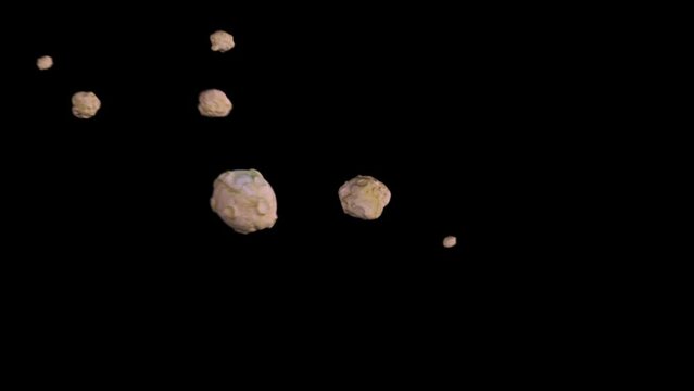 Computer graphics of meteorite stones flying and rotating on black background. 3D render animation of brown asteroids, stars or planets with craters flight in cosmos. Space, galaxy, solar system.