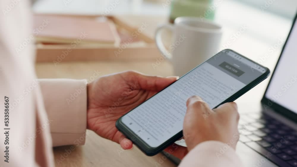 Aufkleber hand, phone and reading with the hands of a business woman scrolling online while working in her off