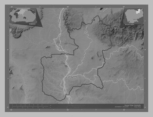 Steung Treng, Cambodia. Grayscale. Labelled points of cities