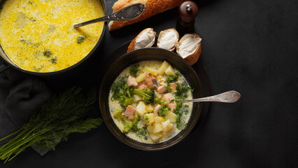 Creamy fish soup with salmon, potatoes, onions , carrots, dill and broccoli. Kalakeitto- traditional dish of the Finnish cuisine. Healthy Food Concept. Omega -3