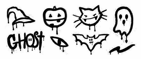 Set of graffiti spray pattern. Collection of halloween symbols, ghost, cat, witch hat, bat, pumpkin, eye with spray texture. Elements on white background for banner, decoration, street art, halloween.