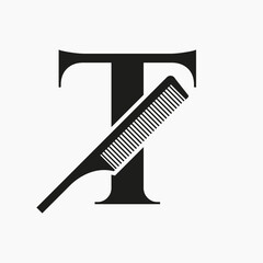 Comb Logo On Letter T For Beauty, Spa, Hair Care, Haircut Grooming Symbol