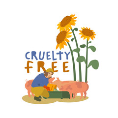 Cute spotted pigs stand near the feed-trough. Vector illustration