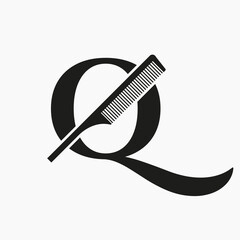 Comb Logo On Letter Q For Beauty, Spa, Hair Care, Haircut Grooming Symbol