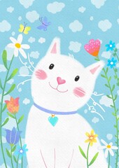 White little smiling cat surrounded by flowers on a blue cloudy background