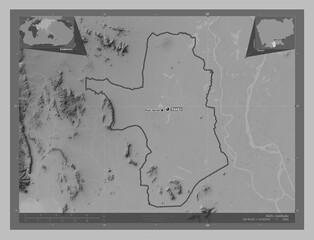 Takev, Cambodia. Grayscale. Labelled points of cities
