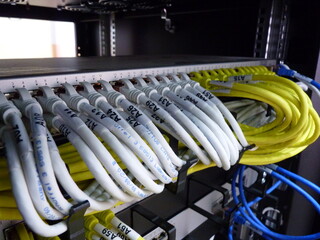 The front of the UTP LAN cable with sticker label connected line arrangement to Ethernet Switch...