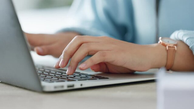 Laptop, typing and a woman working in freelance, writing an email, doing internet research a blogger on computer. Freelancer, writer or author working on project or networking data or posting review.