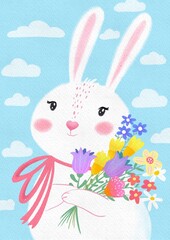 White little smiling girl bunny with a flower bouquet on a blue cloudy background