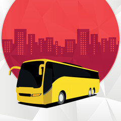 Public transport bus in the cityscape illustration. Red background.
