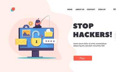 Hacker Attack Landing Page Template. Tiny Hacker Male Character Sitting on Huge Computer with Rod Phishing Files
