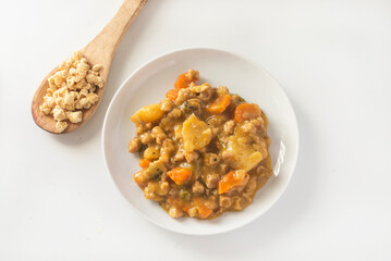 Stew with textured soy (vegan stew onion, potatoes, pepper, carrot, soy)