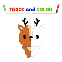 trace and color the animal. A training sheet for preschool children.Educational tasks for kids. Deer Coloring Book.