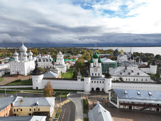 panoramic view from a drone on the historical part of the city of Rostov the Great on an autumn...