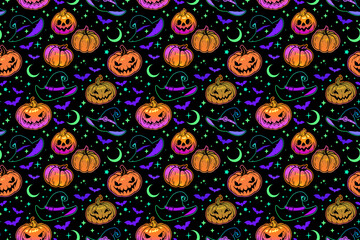 Seamless halloween illustration. Image of smiling festive pumpkins and witch hats