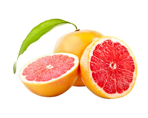 Orange with cut in half and green leaves isolated on transparent background.
