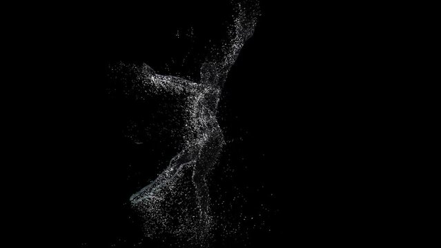 Female silhouette of gymnast from particles, performing tricks with ball on black background. 3D rendering computer graphics from water drops and splashes. Woman acrobat as an animation of particles.