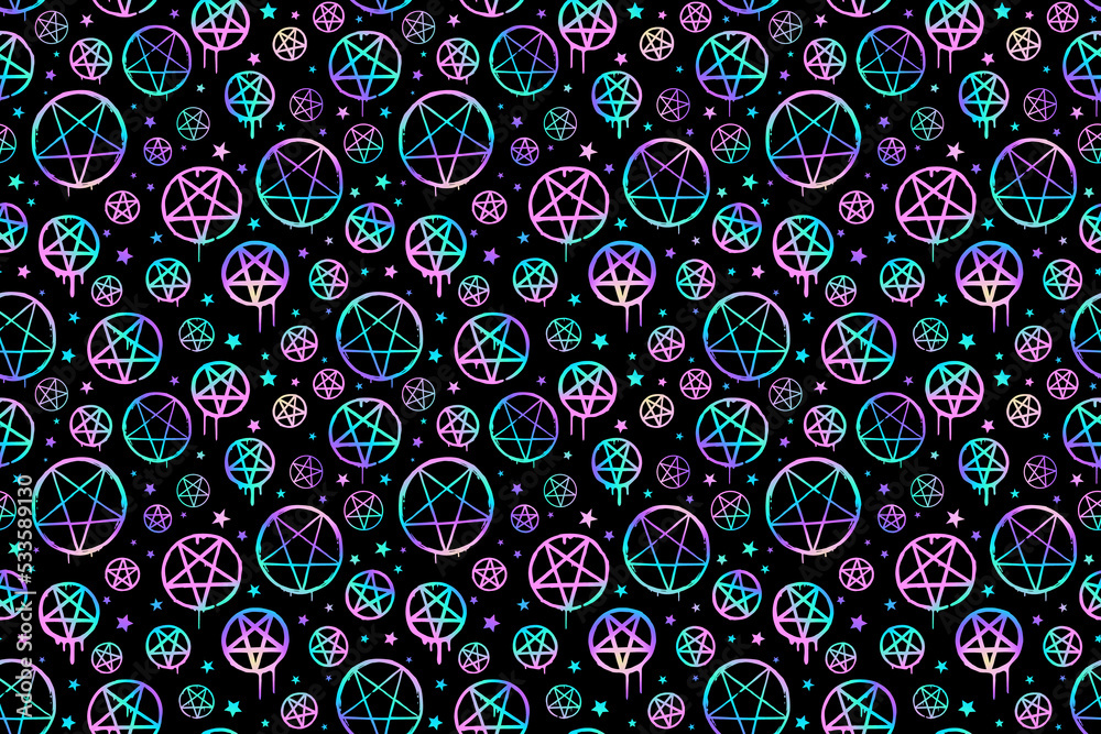 Wall mural seamless pattern of shiny holographic pentagrams on black background