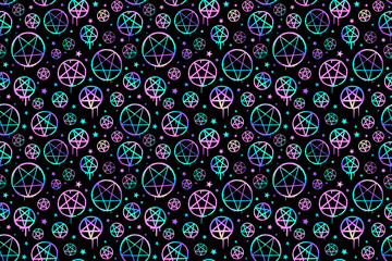 seamless pattern of shiny holographic pentagrams on black background