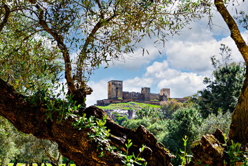 Fototapeta premium Views from the Parque de la Retama of the castle of Alcalá de Guadaira in Seville, in blue sky and white clouds