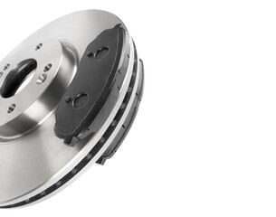 Brake discs and brake pads isolated on white background. Auto parts. Brake disc rotor isolated on...