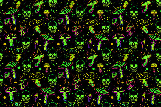 Seamless acid bright pattern of poisonous mushrooms and skulls